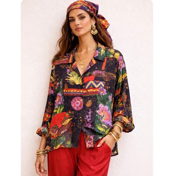 Chico’s Tops - Chico’s Vintage 100% Silk Art Print Patchwork Blouse Small